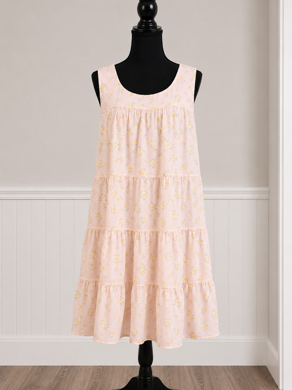 •Lily Rose Sleeveless Tiered Sundress in Soft Pink with Yellow Floral Print